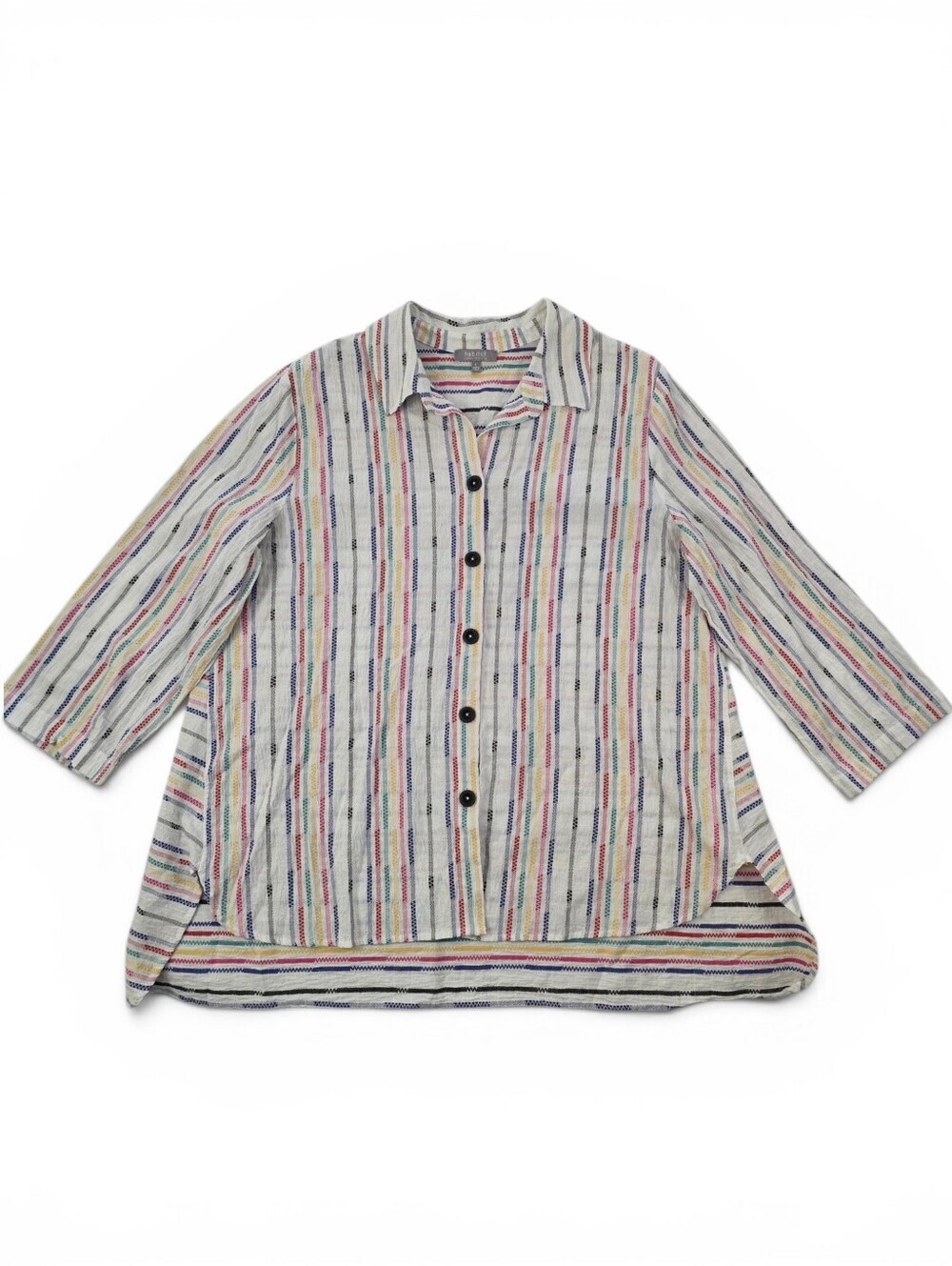 Habitat Crinkle Stripe Button Front Tunic Top L Colorful Artsy Boho Lagenlook